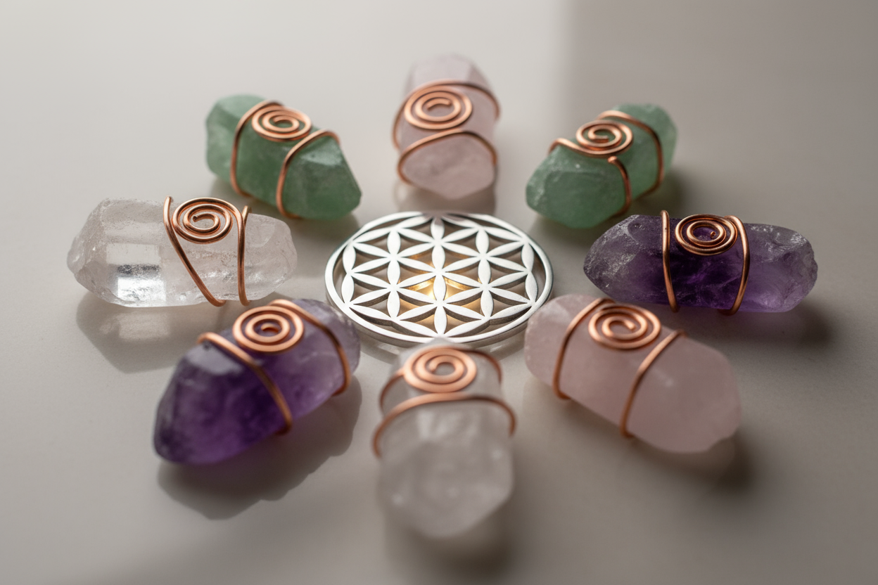 Imagen hiperrealista que muestra una composición armónica de minerales naturales vistos en detalle macro. En el plano principal se aprecian fragmentos pulidos de cuarzo transparente, cuarzo rosa, cuarzo verde y amatista, dispuestos en equilibrio cromático sobre una superficie neutra y ligeramente brillante. Sobre cada algunos minerales se enroscan  delicadas espirales de cobre con brillo metálico cálido, En el centro de la composición debe situarse una flor de la vida plateada, perfectamente simétrica y lum